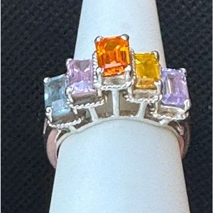 925 Emerald Cut Topaz Multi Gemstone Ring